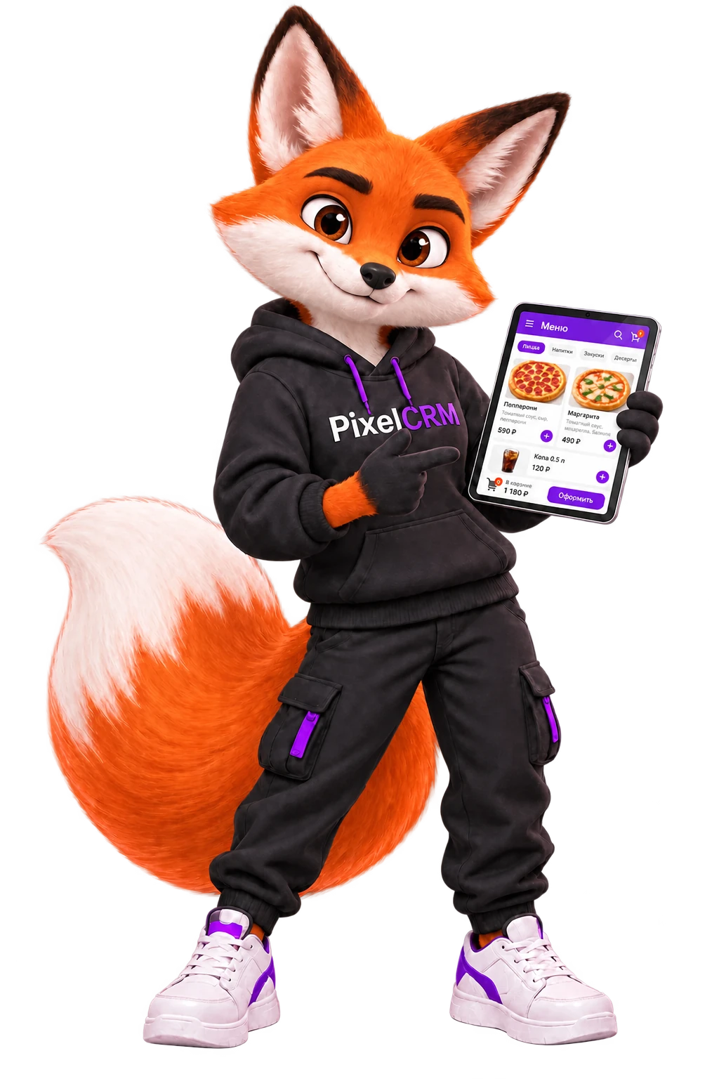 Маскот PixelCRM показывает планшет
