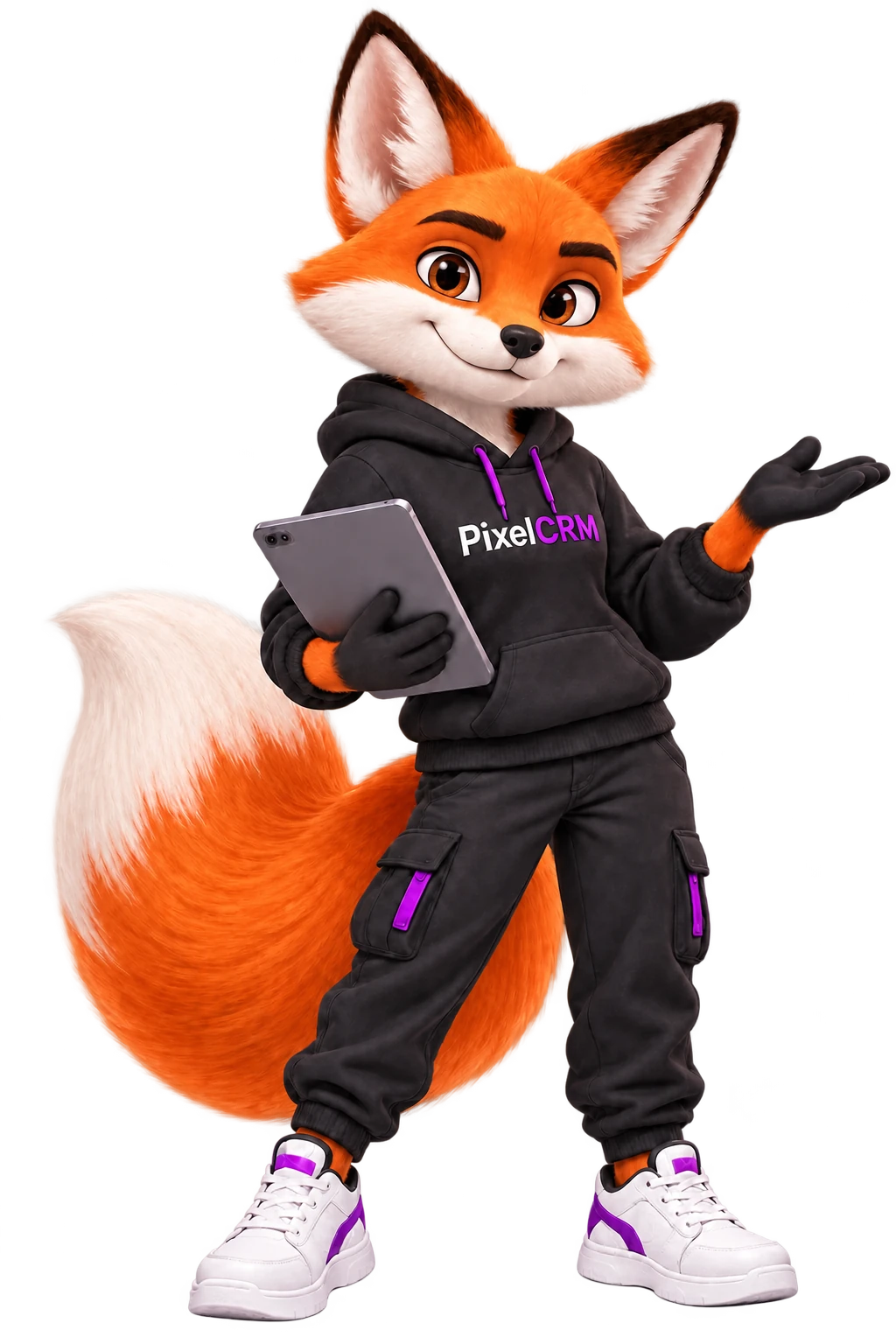 Лисичка PixelCRM с планшетом представляет сервис